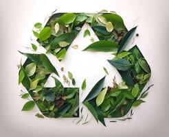 Recycling symbol ornate with green leaves and flowers. AI generated. photo