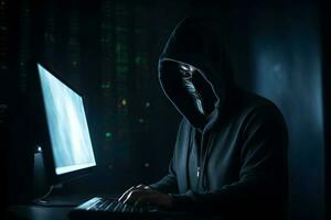 hacker mecanografía computadora. concepto de ciberdelincuencia, ataque cibernetico, oscuro web. ai generado foto