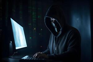 Hacker typing computer. Concept of cybercrime, cyberattack, dark web. photo