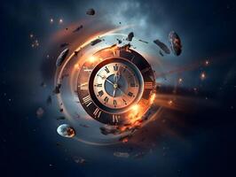 Clock with roman numbers. Concept of time flies, time passing, time exploration. photo