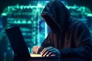 Hacker typing computer. Concept of cybercrime, cyberattack, dark web. photo