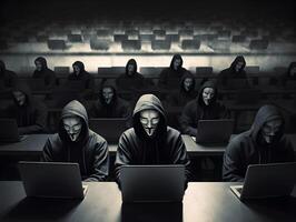 Hackers with hoodies. Hacker group, organization or association. AI generated photo