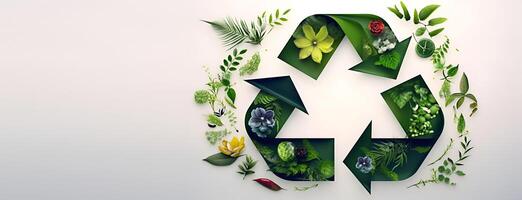 Recycling symbol ornate with green leaves and flowers. AI generated. photo