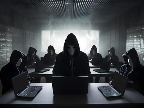 Hackers with hoodies. Hacker group, organization or association. photo
