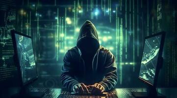 hacker mecanografía computadora. concepto de ciberdelincuencia, ataque cibernetico, oscuro web. ai generado foto