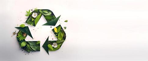 Recycling symbol ornate with green leaves and flowers. . photo