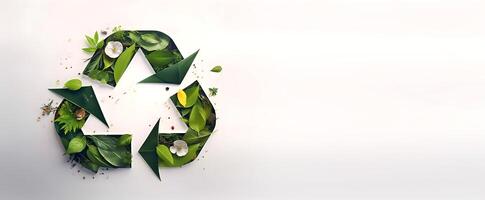 Recycling symbol ornate with green leaves and flowers. AI generated. photo