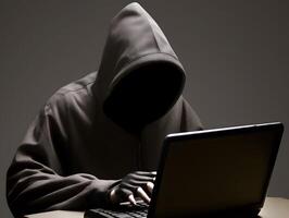 Hacker typing laptop. Concept of cybercrime, cyberattack, dark web. photo
