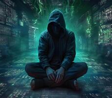 Anonymous hacker. Concept of cybercrime, cyberattack, dark web. AI generated photo