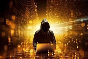 Hacker typing computer. Concept of cybercrime, cyberattack, dark web. photo