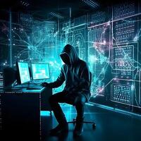 Hacker typing computer. Concept of cybercrime, cyberattack, dark web. photo