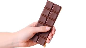 Chocolate bar held by hand. Isolated on white. photo