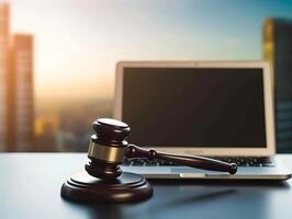 Laptop and judge gavel. Concept of cyberlaw or cybercrime. photo