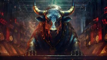 Front view of bull statue. Concept of bullish market. photo