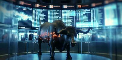 Bull with background of stock market board. Concept of bullish market. AI generated photo