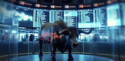 Bull with background of stock market board. Concept of bullish market. photo