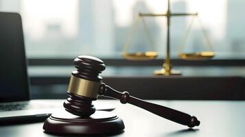 Laptop and judge gavel. Concept of cyberlaw or cybercrime. photo