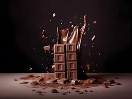 Chocolate bar explosion. Food photography. AI generated photo