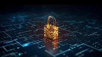 Lock on circuit pattern. Concept of data security and cybersecurity. photo