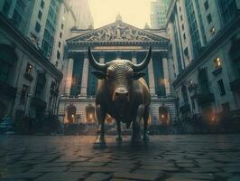 Bull with background of central bank. Concept of bullish market. AI generated photo