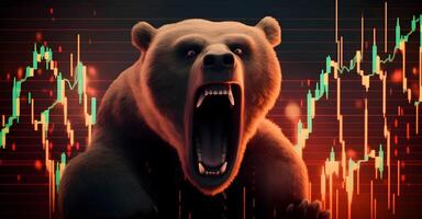 Bear with background of downtrend stock market. Concept of market crush. AI generated photo