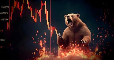 Bear with background of downtrend stock market. Concept of market crush. photo