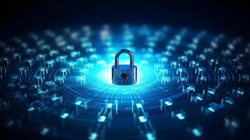 Lock on circuit pattern. Concept of data security and cybersecurity. photo