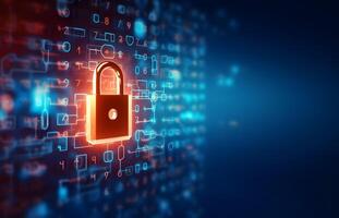 Lock on circuit pattern. Concept of data security and cybersecurity. photo