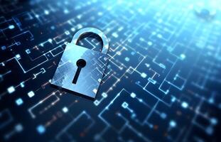 Lock on circuit pattern. Concept of data security and cybersecurity. photo