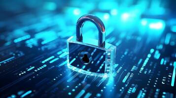 Lock on circuit pattern. Concept of data security and cybersecurity. photo