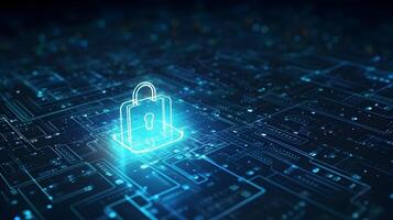 Lock on circuit pattern. Concept of data security and cybersecurity. photo