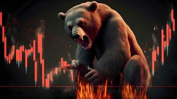 Bear with background of downtrend stock market. Concept of market crush. photo
