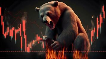 Bear with background of downtrend stock market. Concept of market crush. AI generated photo