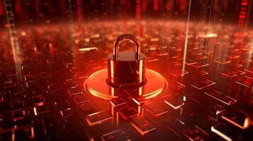 Lock on circuit pattern. Concept of data security and cybersecurity. photo