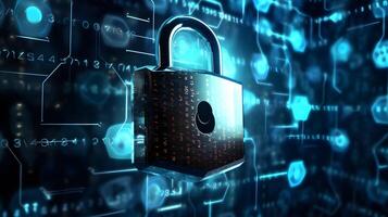 Lock on circuit pattern. Concept of data security and cybersecurity. photo