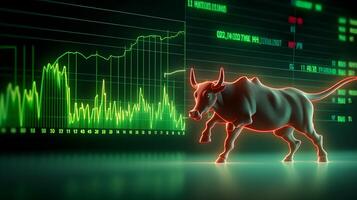Bull with background of uptrend stock market. Concept of bullish market. photo