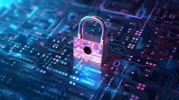 Lock on circuit pattern. Concept of data security and cybersecurity. photo