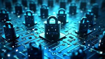 Locks on circuit pattern. Concept of data security and cybersecurity. photo