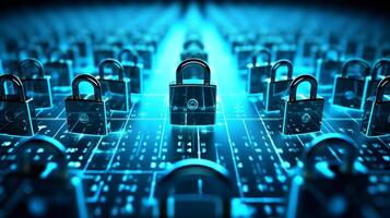 Locks on circuit pattern. Concept of data security and cybersecurity. photo