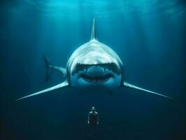 Giant shark and diver at deep ocean. Underwater adventure. AI generated photo