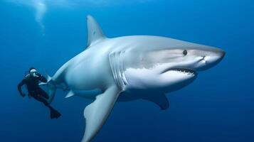 Big shark and diver at deep ocean. Underwater adventure. photo