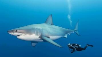 grande tiburón y buzo a profundo océano. submarino aventura. ai generado foto