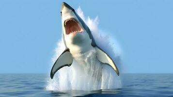 genial blanco tiburón saltando fuera de agua a océano. ai generado foto