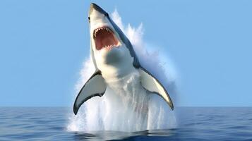 Great white shark jumping out of water at ocean. photo