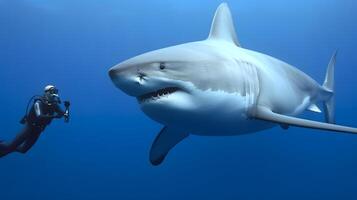Big shark and diver at deep ocean. Underwater adventure. photo