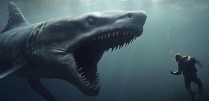 Demon shark going to catch diver at deep ocean. Adventure at sea. photo