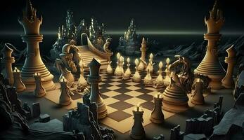 antiguo ajedrez piezas en tablero de ajedrez. fantástico campo de batalla. ai generado foto