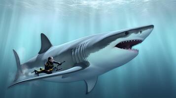 Big shark and diver at deep ocean. Underwater adventure. photo