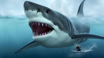 Big shark and diver surfing at ocean. photo