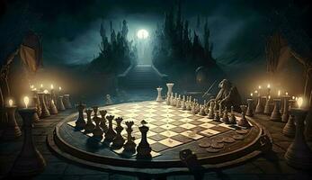 antiguo ajedrez piezas en tablero de ajedrez. fantástico campo de batalla. ai generado foto